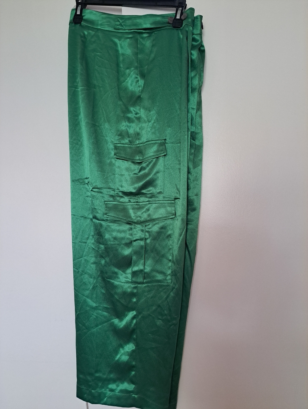 Satin Emerald Green Wide-Leg Cargo Jumpsuit Pants. - Picture 8 of 11